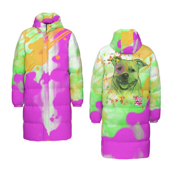 Warme Wintermantel mit Hundemotiv Angel– Popart Hundemotiv, 90% Daunen, 10% Federn, bunt, stylisch, AmStaff, Staff, Staffordshire, Pitbull, Pit, Soka, Größe XS- 4XL